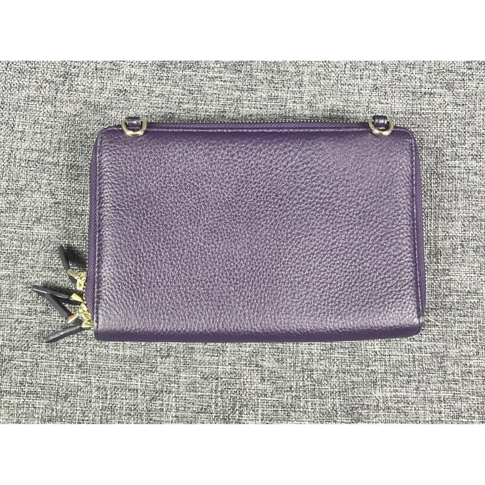 Levenger Purple Pebbled Leather Double Zip Wallet Organizer Phone Clutch Gold HW